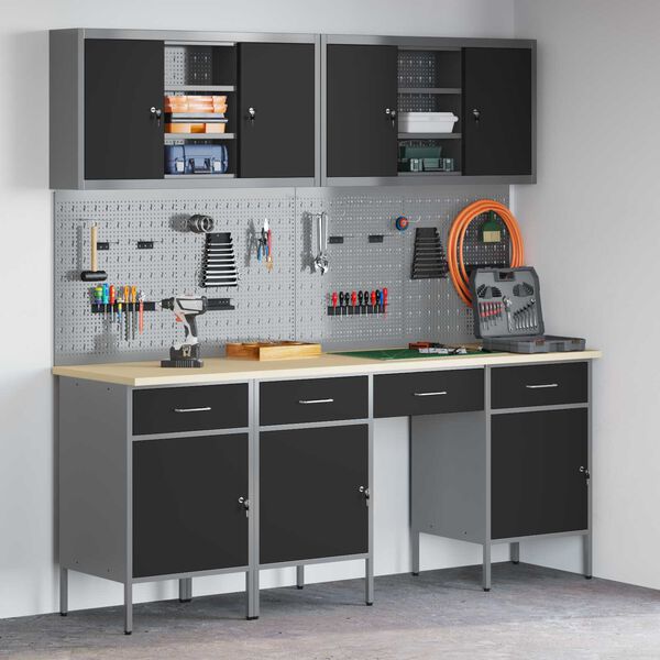 vidaXL Banc de lucru cu sertar 10 pcs Negru 200 x 55 x 200 cm Oțel