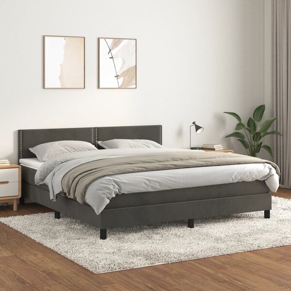 vidaXL Pat box spring cu saltea, gri &icirc;nchis, 160x200 cm, catifea