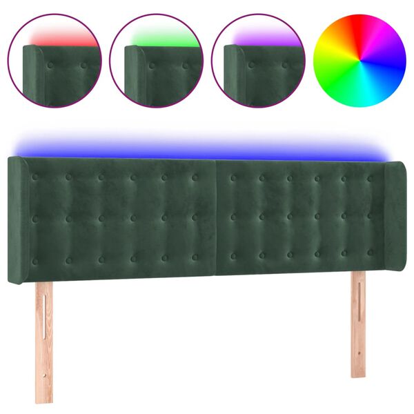 vidaXL Tăblie de pat cu LED, verde &icirc;nchis, 147x16x78/88 cm, catifea