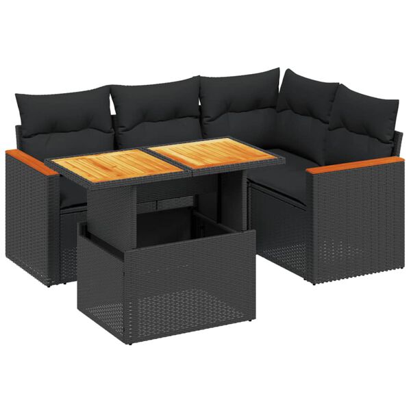 vidaXL Set mobilier de grădină cu perne, 5 piese, negru, poliratan