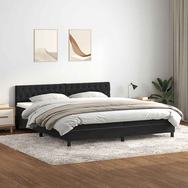 vidaXL Pat box spring cu saltea, negru, 200x220 cm, catifea