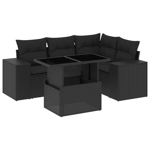 vidaXL Set mobilier de grădină cu perne, 5 piese, negru, poliratan
