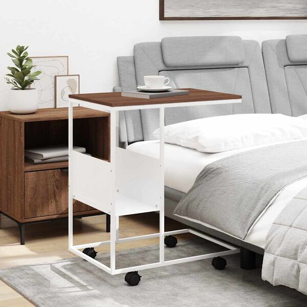 vidaXL Măsuță laterală cu roți, alb/maro, 55x36x63,5 cm lemn prelucrat