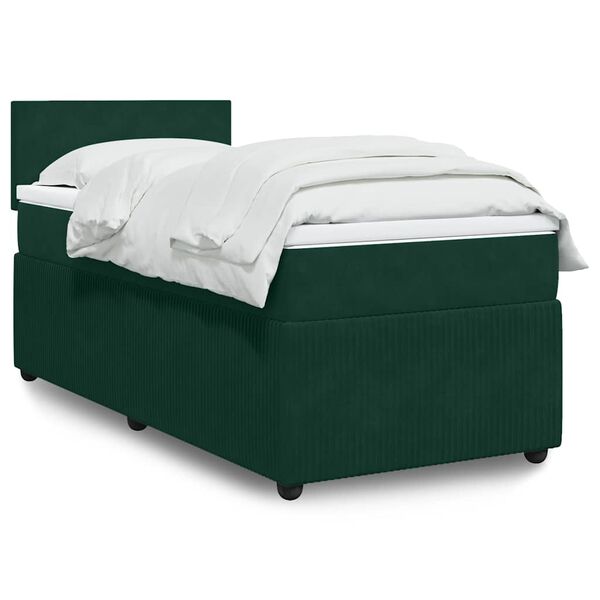 vidaXL Pat box spring cu saltea, verde &icirc;nchis, 90x200 cm, catifea