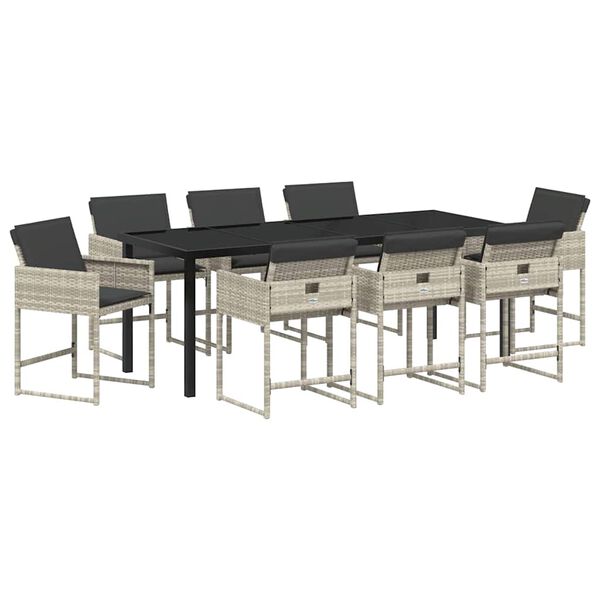 vidaXL Set de masă pentru grădină cu pernă 9 pcs Gri deschis poliratan