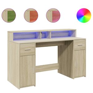 vidaXL Birou cu lumini LED stejar sonoma, 140x55x91 cm, lemn prelucrat