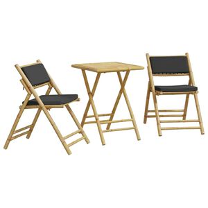 vidaXL Set de bistro pliabil, 3 piese, cu perne gri &icirc;nchis, bambus