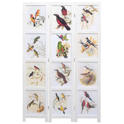 vidaXL Paravan de cameră cu 3 panouri, alb, 105 x 165 cm, păsări