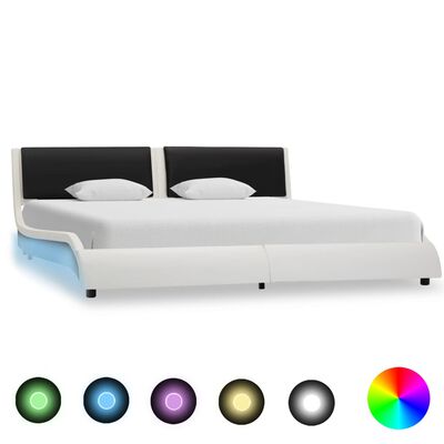 vidaXL Cadru de pat cu LED, alb și negru, 180x200 cm, piele ecologică