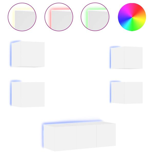 vidaXL Unități de perete TV cu LED-uri, 6 piese, alb, lemn prelucrat