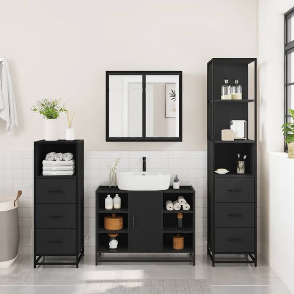vidaXL Set de mobilier de baie 4 piese Lemn negru prelucrat