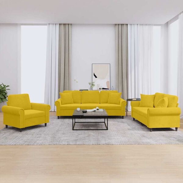 vidaXL Set de canapele cu perne, 3 piese, galben, catifea
