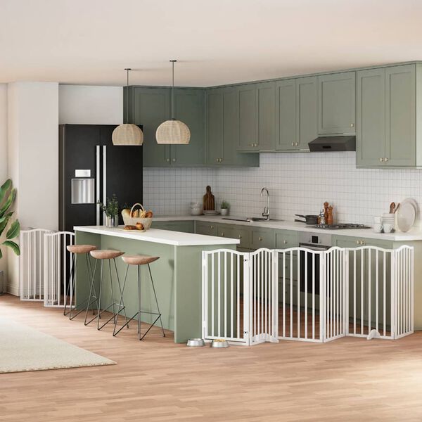 vidaXL Poartă c&acirc;ini pliabilă cu ușă 12 panouri, alb, 600 cm, lemn plop