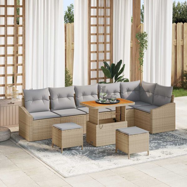 vidaXL Set de canapele pentru grădină cu pernă 9 pcs Bej Rattan poli