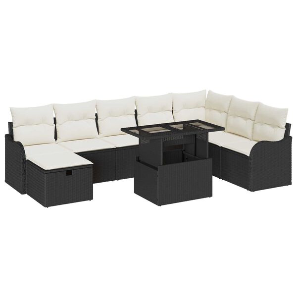 vidaXL Set de canapele pentru grădină cu pernă 9 pcs Negru Rattan poli
