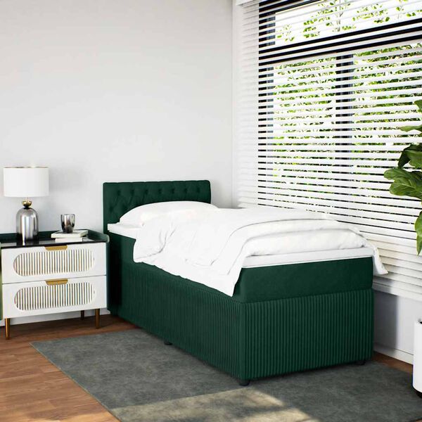 vidaXL Pat box spring cu saltea, verde &icirc;nchis, 90x200 cm, catifea