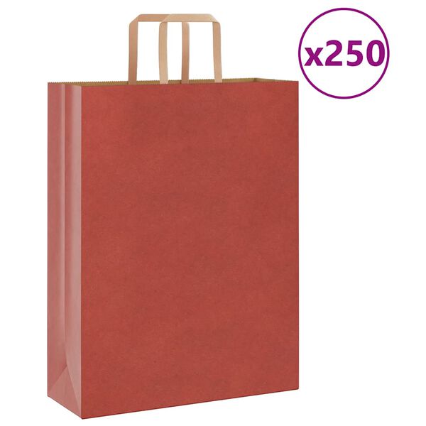 vidaXL Pungi de h&acirc;rtie 250 buc cu m&acirc;nere roșii 32x12x42 cm
