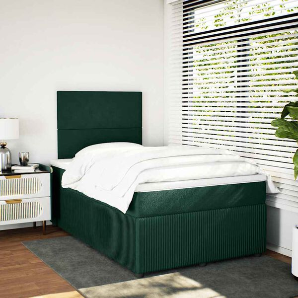 vidaXL Pat box spring cu saltea, verde &icirc;nchis, 120x200 cm, catifea