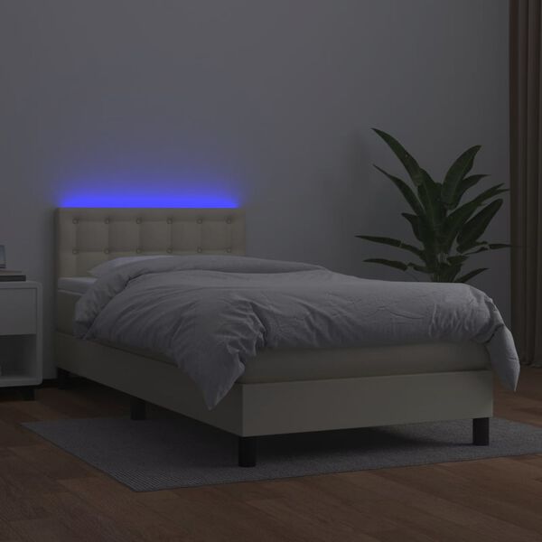 vidaXL Pat continental cu saltea și LED, crem, 80x200 cm, piele eco