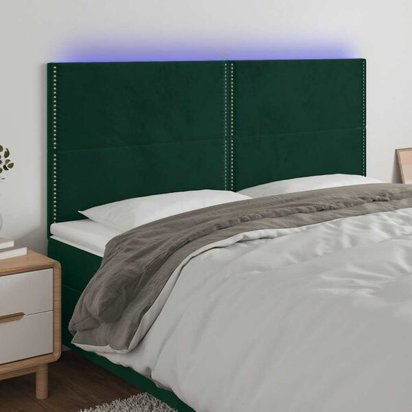 vidaXL Tăblie de pat cu LED, verde &icirc;nchis, 200x5x118/128 cm, catifea