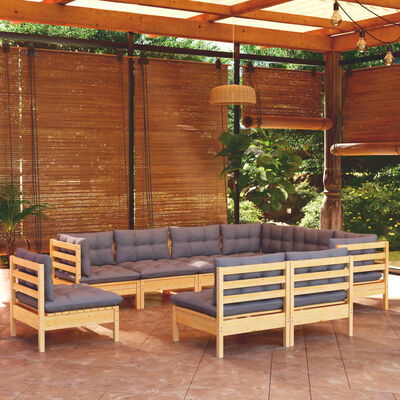 vidaXL Set mobilier de grădină cu perne, 9 piese, gri, lemn masiv pin