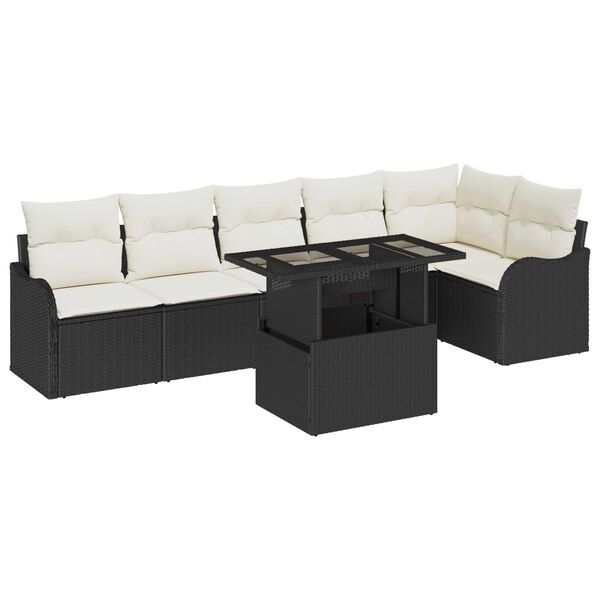 vidaXL Set de canapele pentru grădină cu pernă 7 pcs Negru Poli Rattan