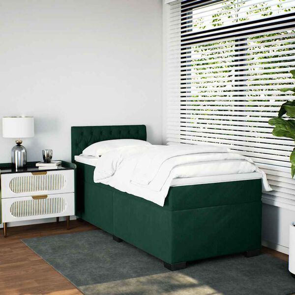 vidaXL Pat box spring cu saltea, verde &icirc;nchis, 90x190 cm, catifea