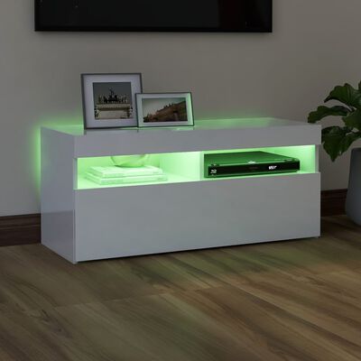 vidaXL Comodă TV cu lumini LED, alb extralucios, 90x35x40 cm