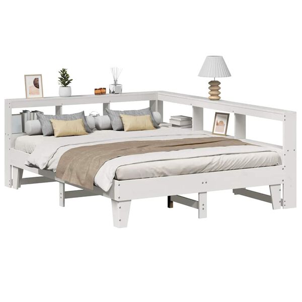 vidaXL Pat cu bibliotecă fără saltea, alb, 140x200 cm, lemn masiv pin