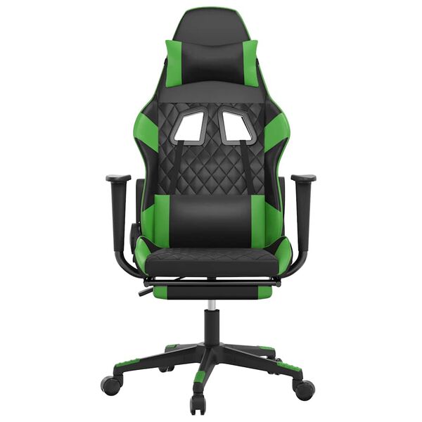 vidaXL Scaun gaming de masaj/suport picioare, negru/verde, piele eco