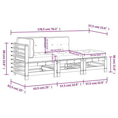 vidaXL Set mobilier de grădină cu perne, 3 piese, negru, lemn masiv
