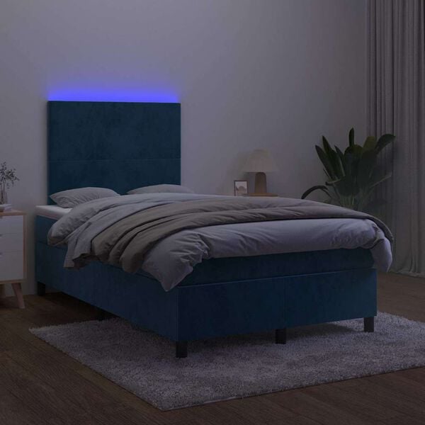 vidaXL Pat box spring cu saltea/LED albastru &icirc;nchis 120x190cm catifea