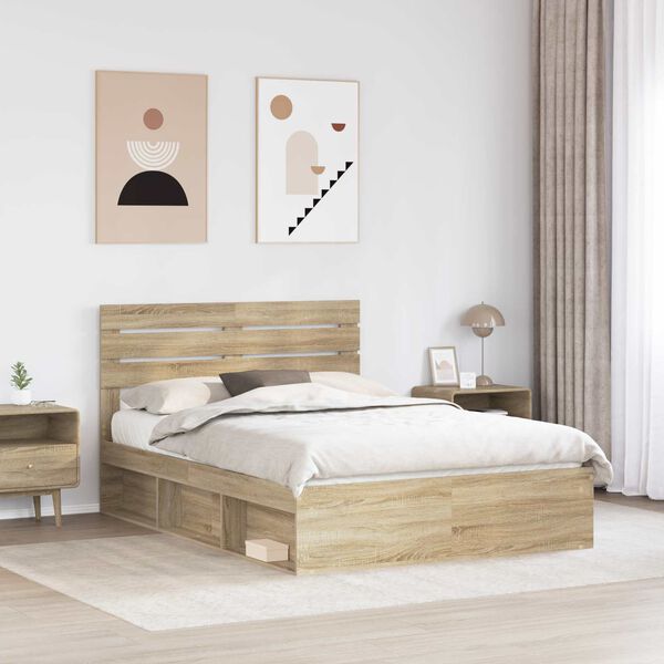 vidaXL Cadru de pat cu headboard Sonoma 140 x 200 cm Lemn de pin masiv