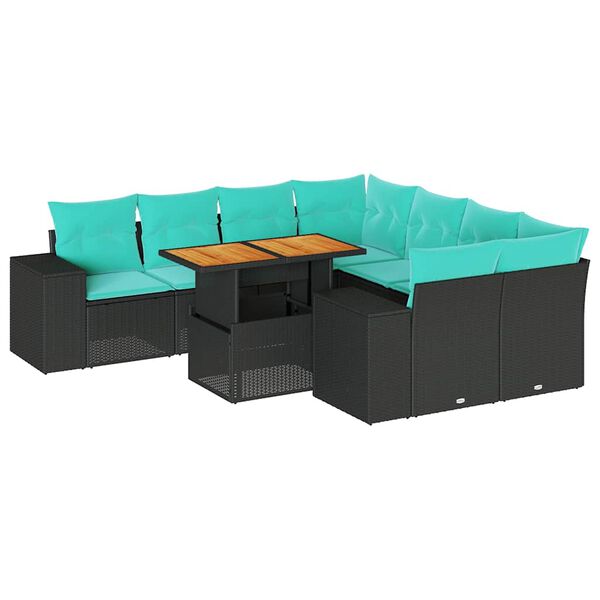 vidaXL Set mobilier de grădină cu perne, 9 piese, negru, poliratan