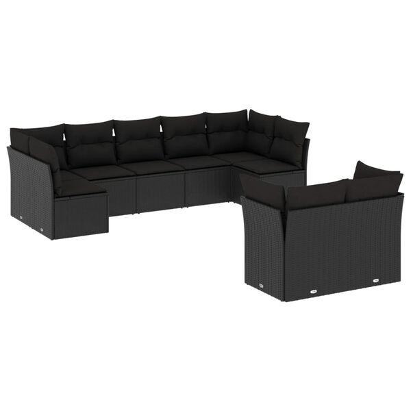 vidaXL Set mobilier de grădină cu perne, 9 piese, negru, poliratan