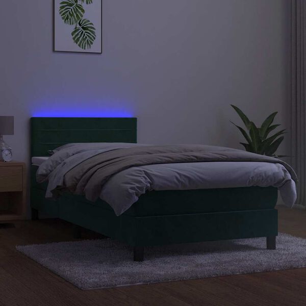 vidaXL Pat continental cu saltea și LED verde &icirc;nchis 80x200 cm catifea