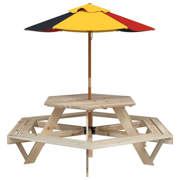 vidaXL Masă picnic pentru 6 copii cu umbrelă, hexagon, lemn masiv brad