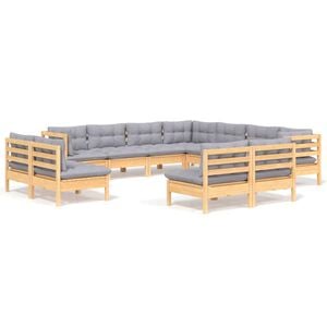 vidaXL Set mobilier grădină cu perne, 11 piese, gri, lemn masiv pin
