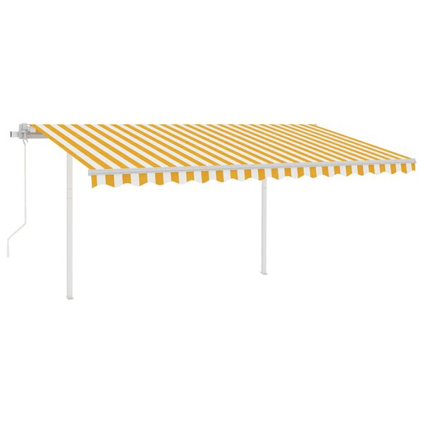 vidaXL Copertină retractabilă automat, st&acirc;lpi, galben&alb, 4,5x3,5 m