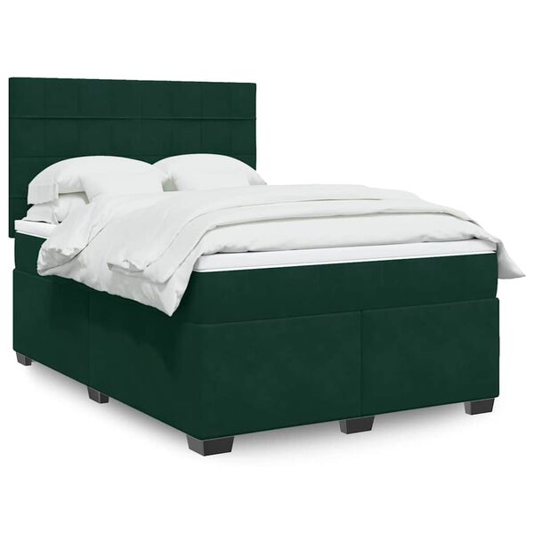 vidaXL Pat box spring cu saltea, verde &icirc;nchis, 140x190 cm, catifea