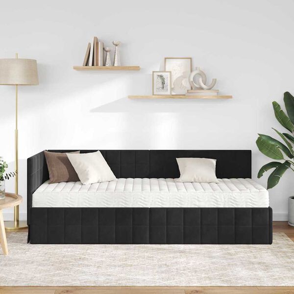 vidaXL Cadru de pat colțar cu saltea cu headboard 2 pcs Negru Catifea