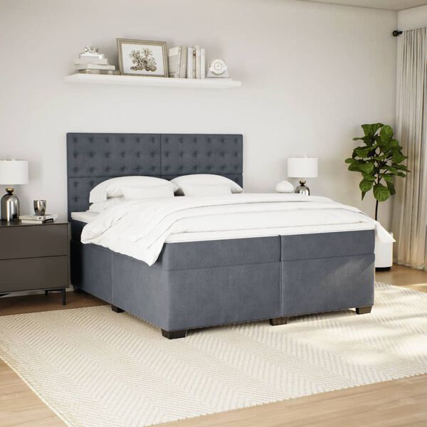 vidaXL Pat box spring cu saltea, gri închis, 200x200 cm, catifea