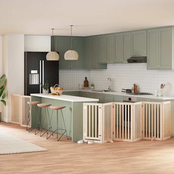 vidaXL Poartă de c&acirc;ini pliabilă cu ușă, 9 panouri, 450 cm, lemn plop