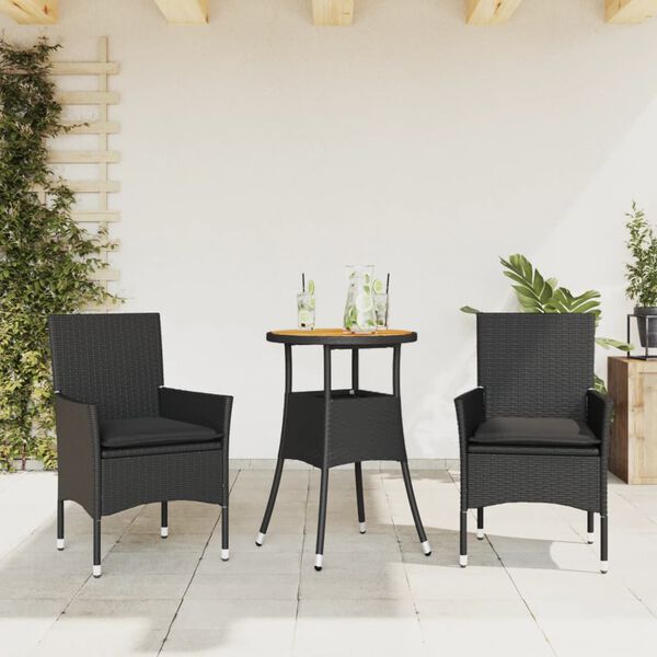 vidaXL Set mobilier grădină perne 3 piese negru poliratan/lemn acacia
