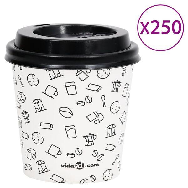 vidaXL Pahare de cafea de h&acirc;rtie cu capace, 120 buc., alb/negru 250 ml