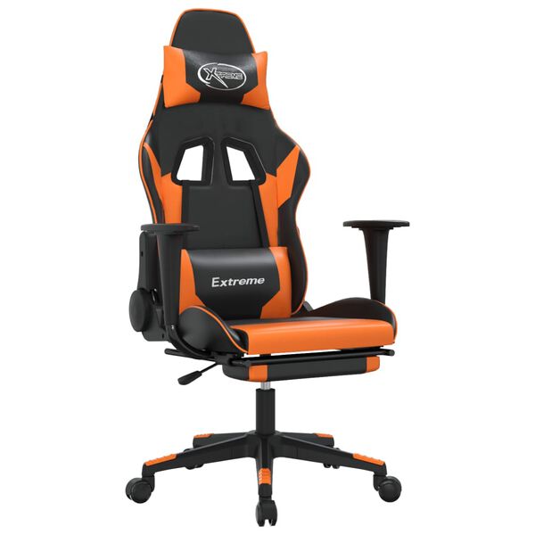 vidaXL Scaun gaming masaj/suport picioare, negru/portocaliu, piele eco