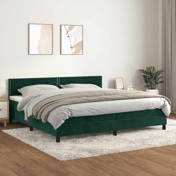 vidaXL Pat box spring cu saltea, verde &icirc;nchis, 200x200 cm, catifea