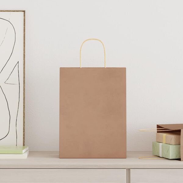 vidaXL Pungi de h&acirc;rtie 250 buc cu m&acirc;nere maro 26x12x35 cm