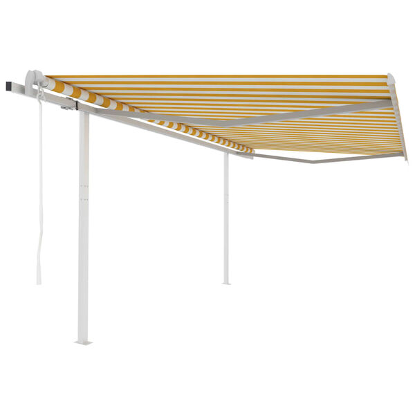 vidaXL Copertină retractabilă automat, st&acirc;lpi, galben&alb, 4,5x3,5 m