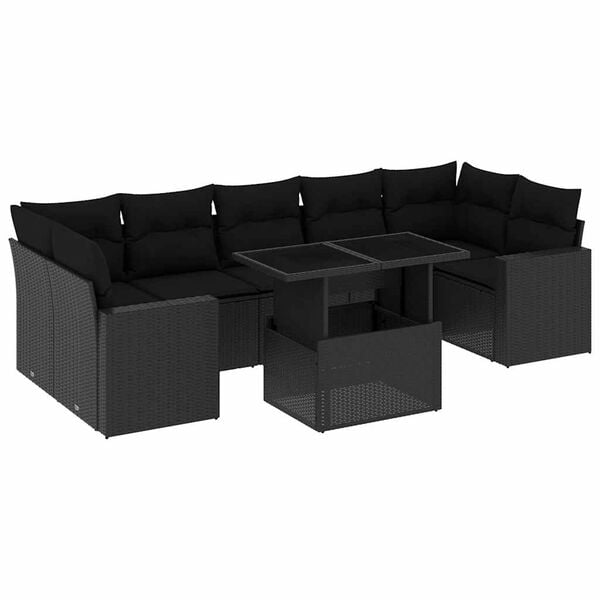 vidaXL Set mobilier de grădină cu perne, 8 piese, negru, poliratan